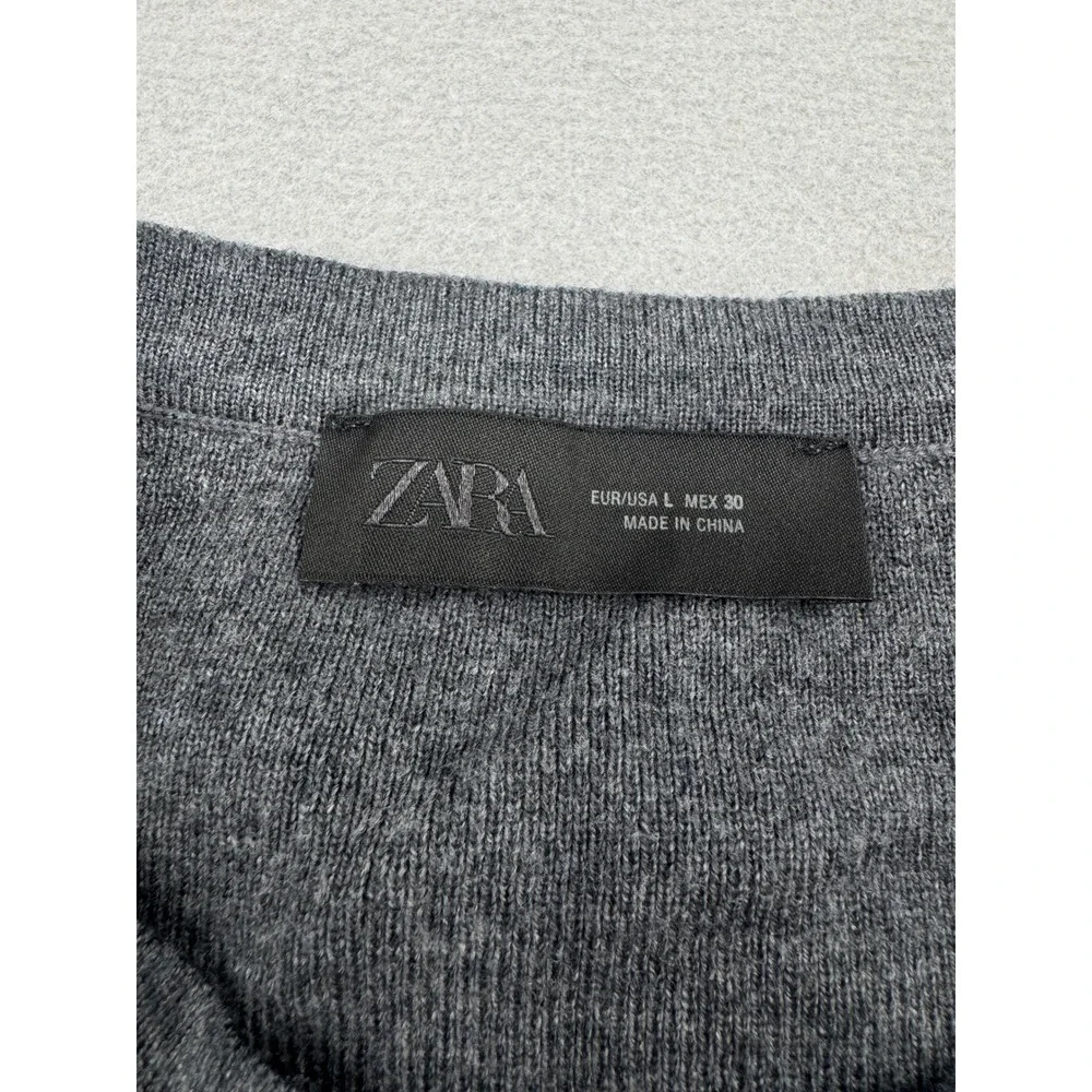 Zara Mens L Dark Gray Short Sleeve Wool Blend Knit Sweater Crew Neck Minimalist
